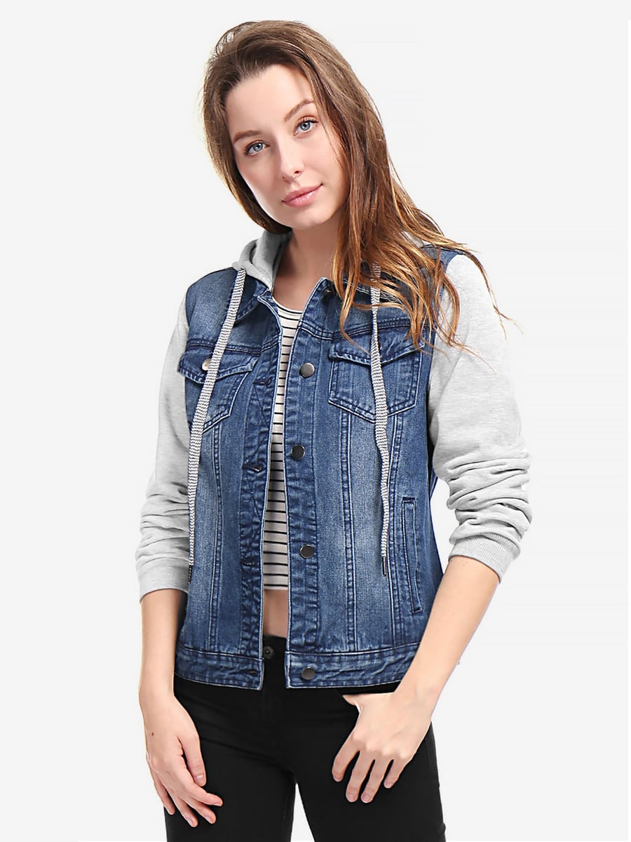 Front view in dark denim with grey sleeves