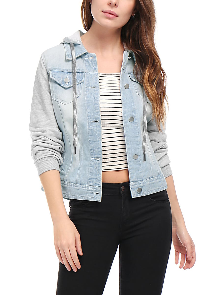 Front view in light denim with grey sleeves
