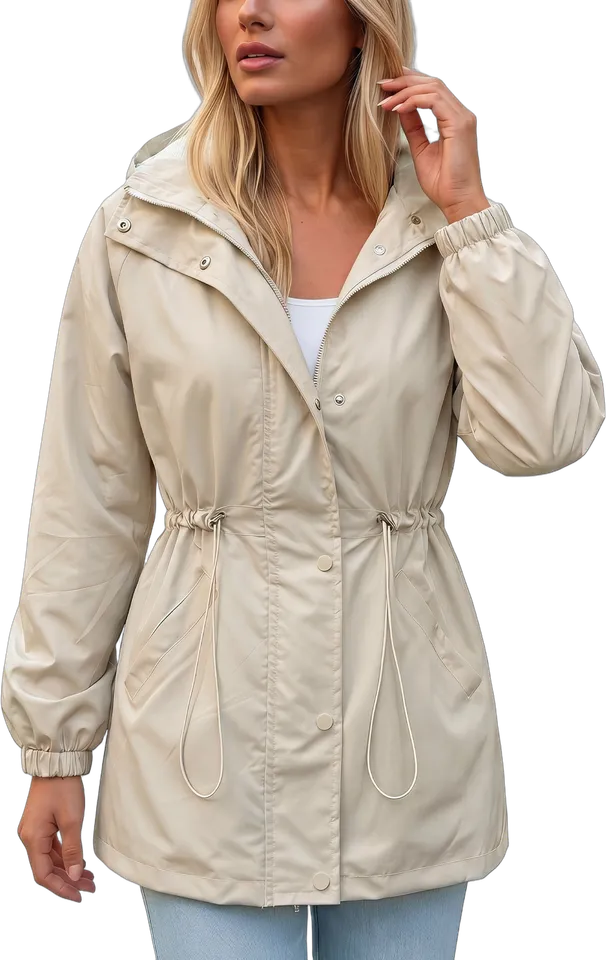 Hooded drawstring-waist rain jacket