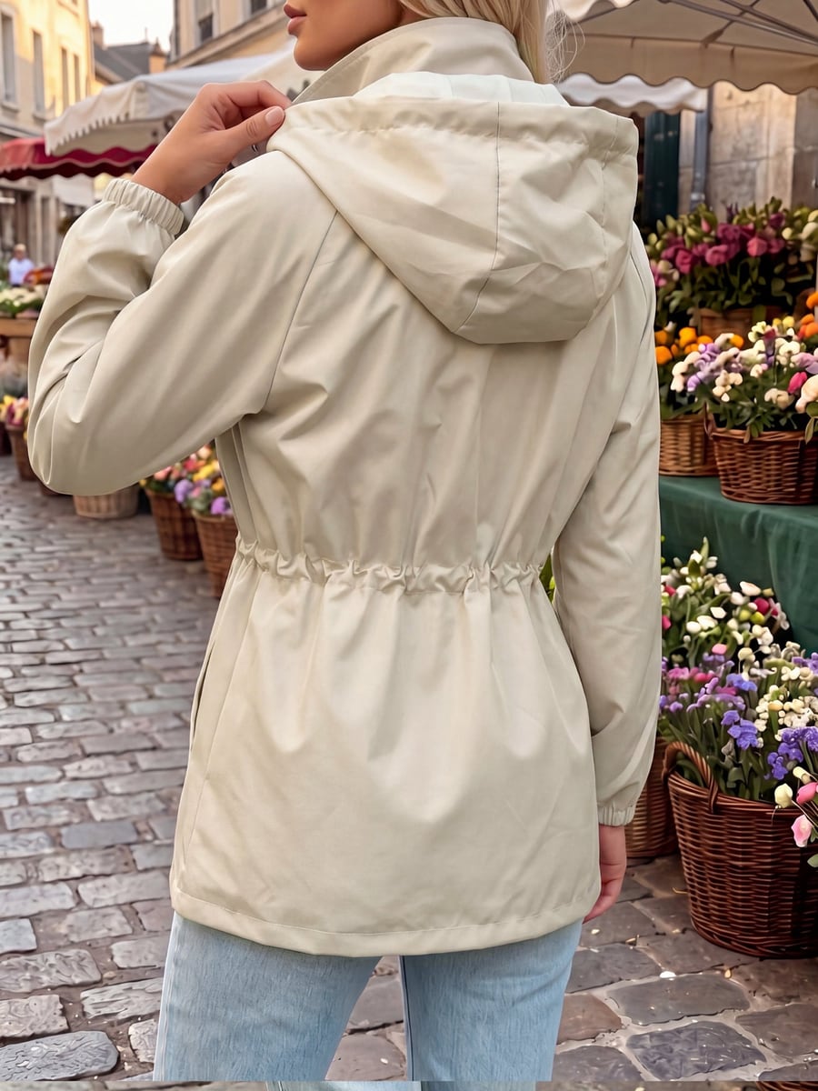 Back view in apricot with the hood up