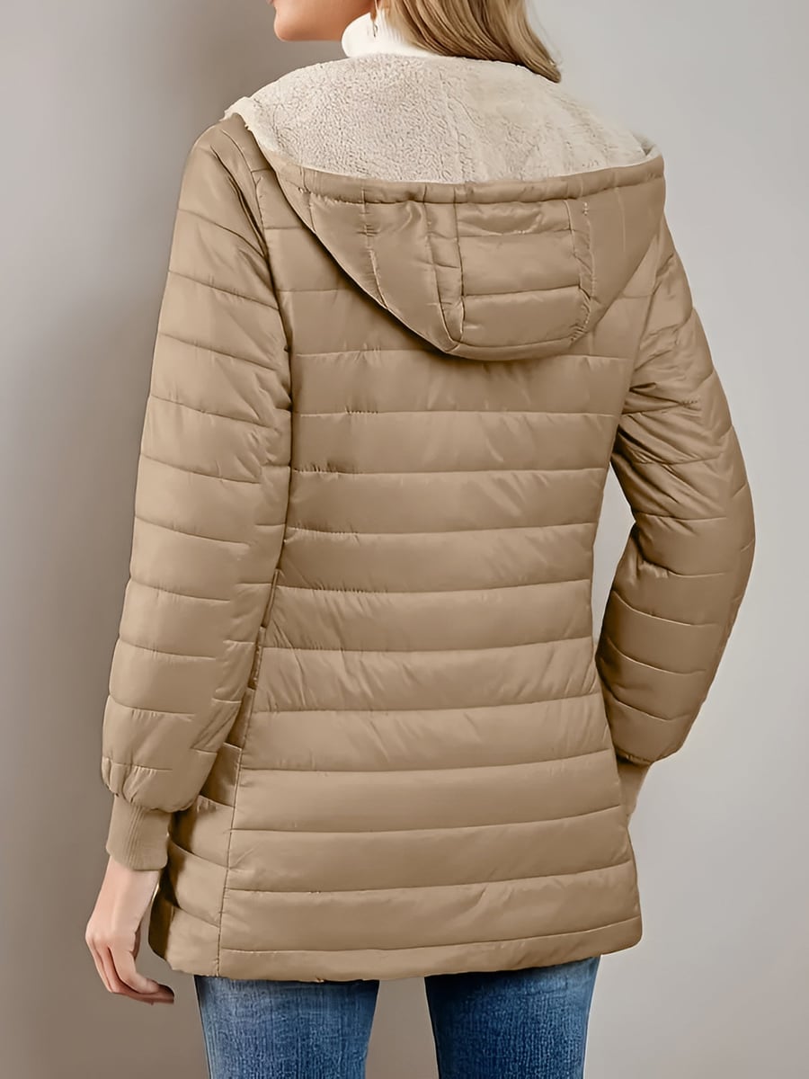 Back view in khaki showing the fleece hood