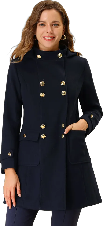Hooded stand collar double-breasted coat