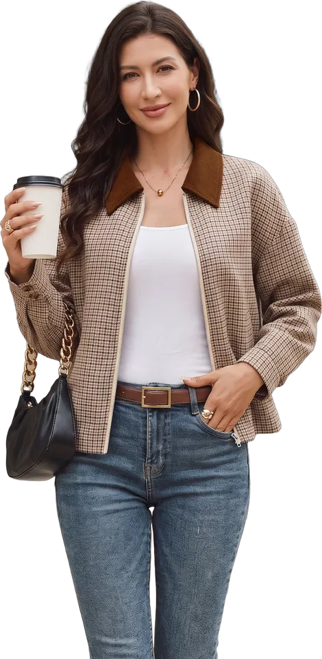 Houndstooth contrast collar zip jacket