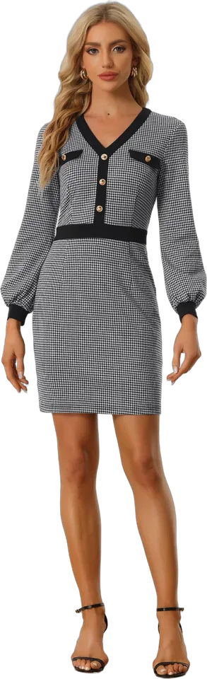 Houndstooth V-neck button sheath dress