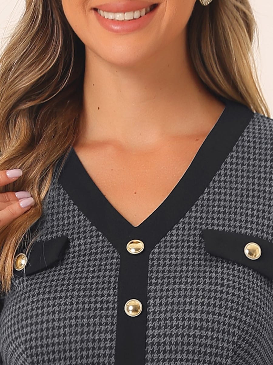 Close-up of the V-neck and gold buttons