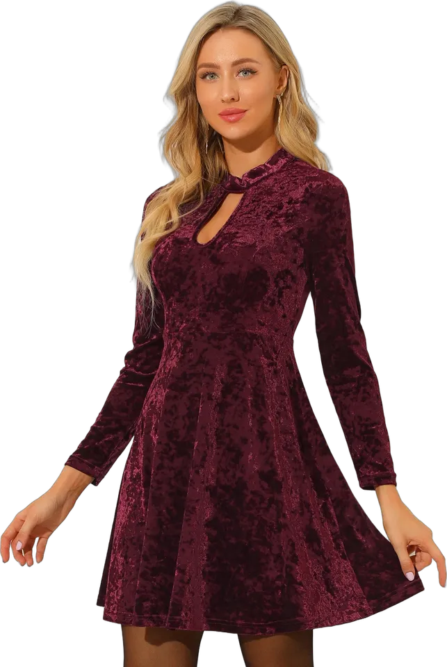 Keyhole neck crushed velvet skater mini dress