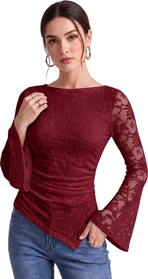 Lace bell sleeve asymmetric top