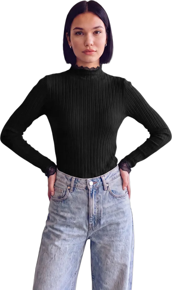 Lace mock neck rib knit top