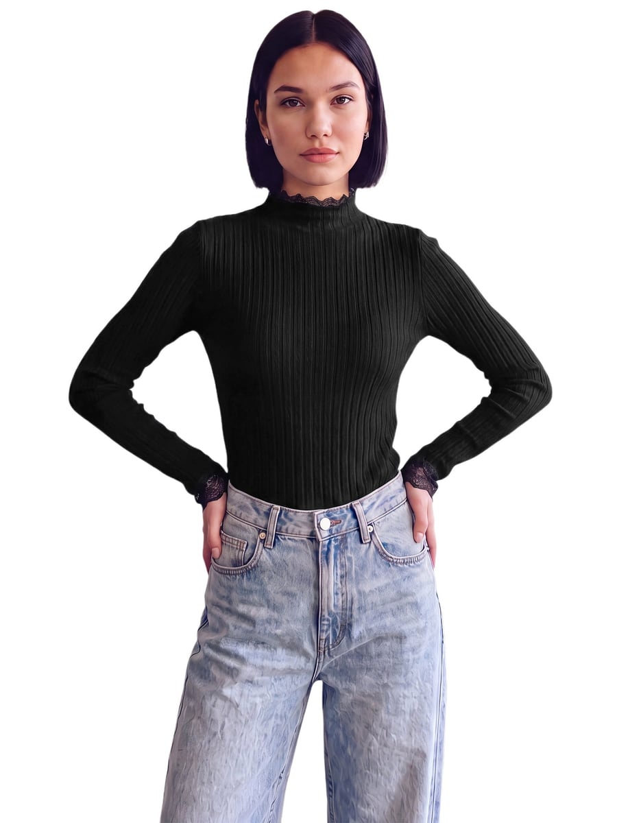 Front view, black top with jeans