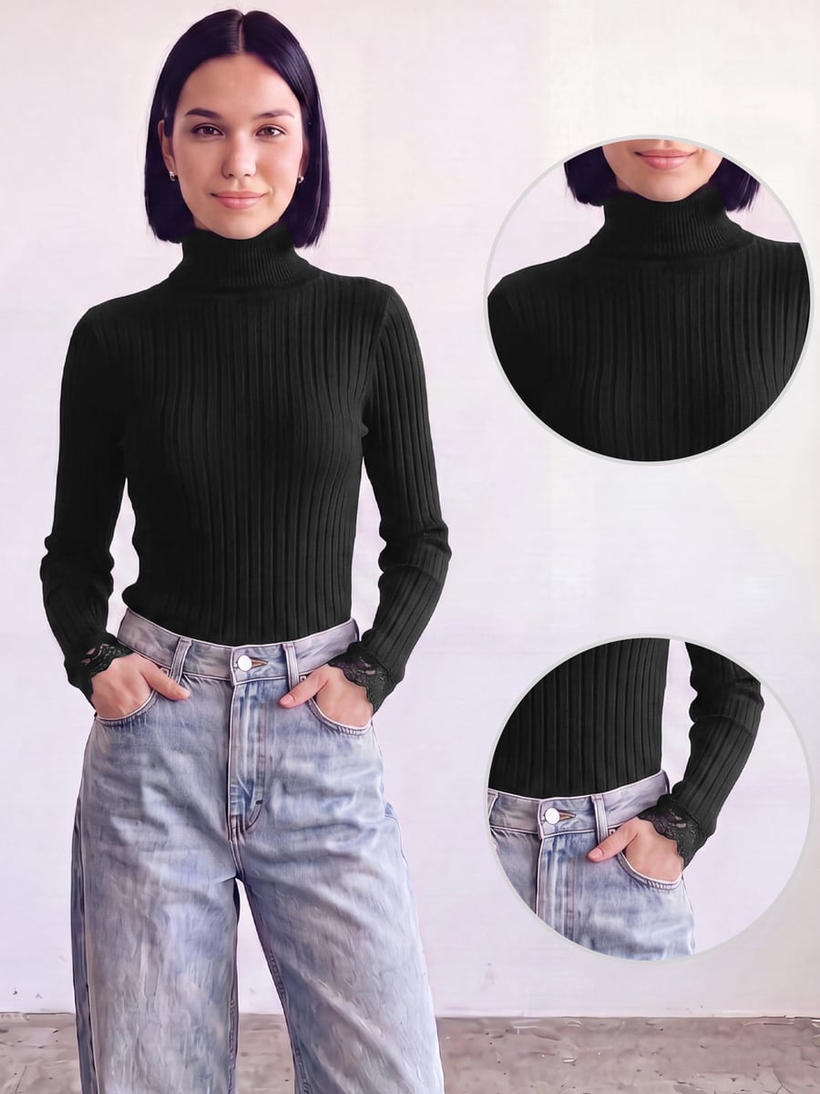 Front view with close-ups of the neck and cuff