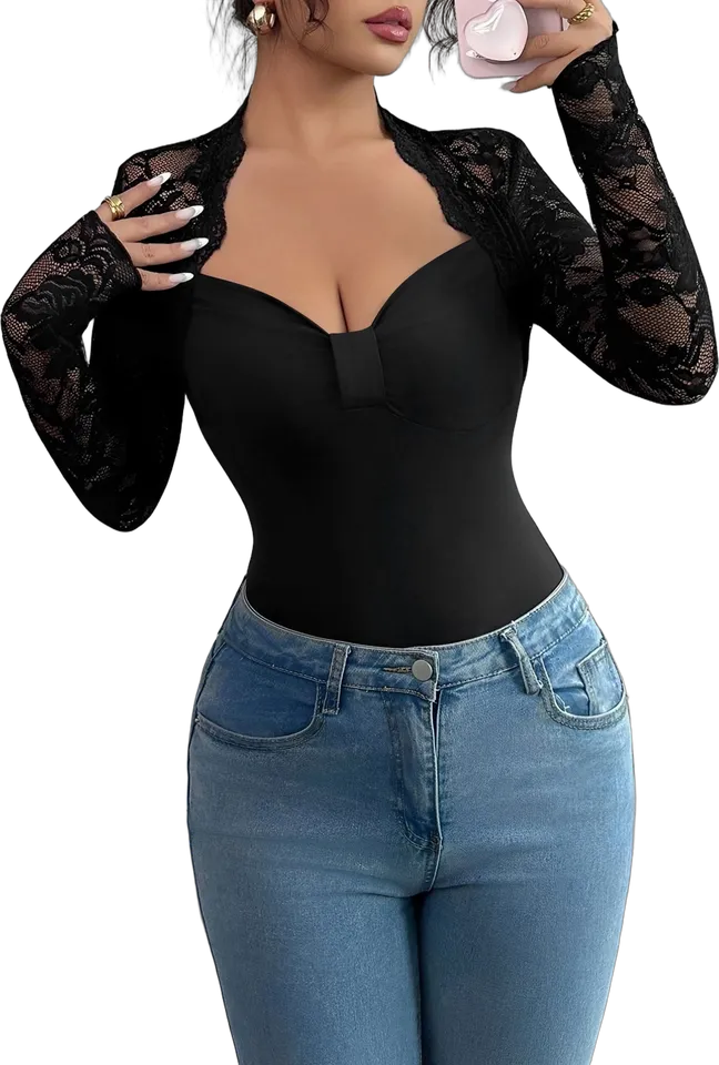 Lace sleeve sweetheart slim top