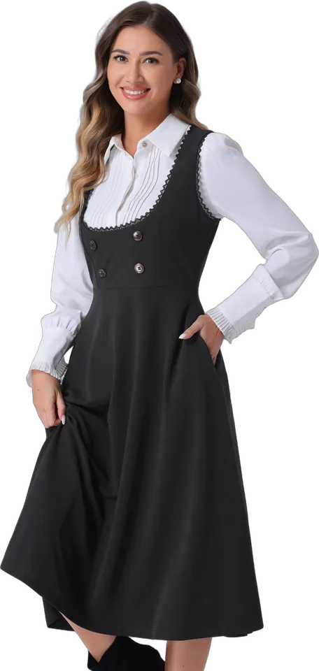 Lace trim A-line midi pinafore dress