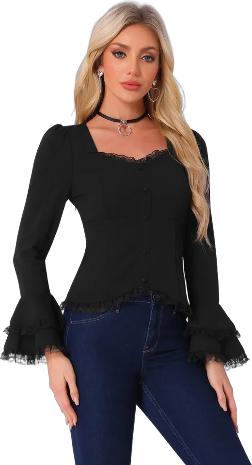 Lace trim bell sleeve lace-up back blouse