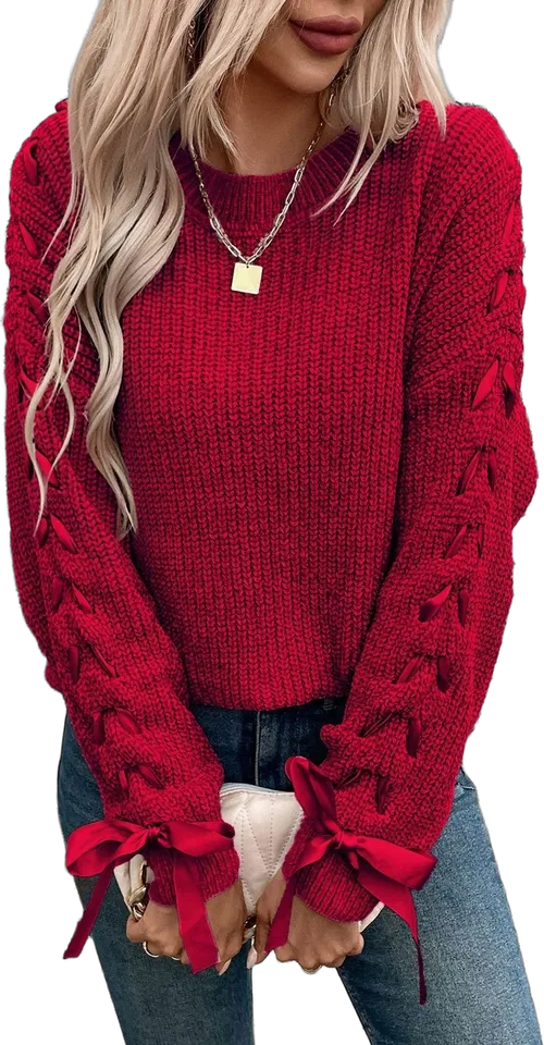 Lace-up bow sleeve crew neck sweater