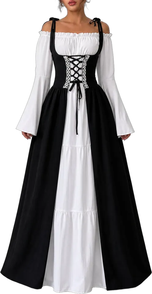 Lace-up colorblock Renaissance maxi dress
