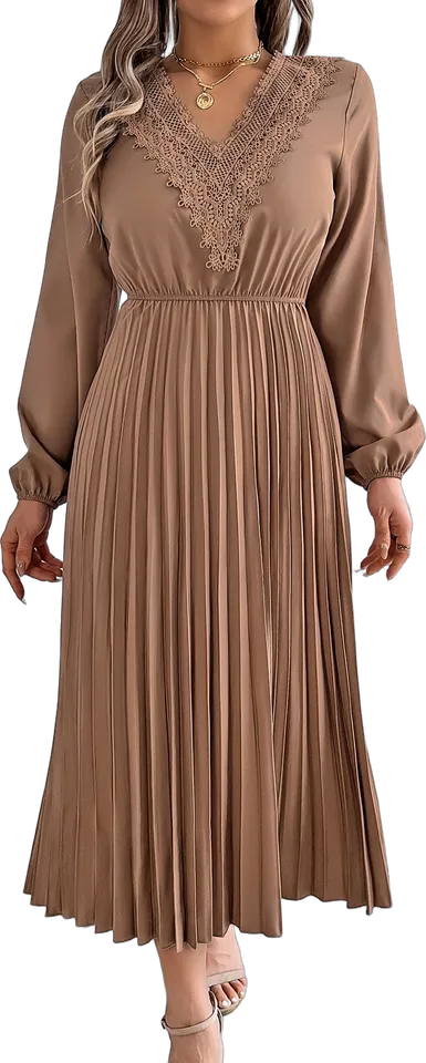 Lace V-neck pleated midi dress