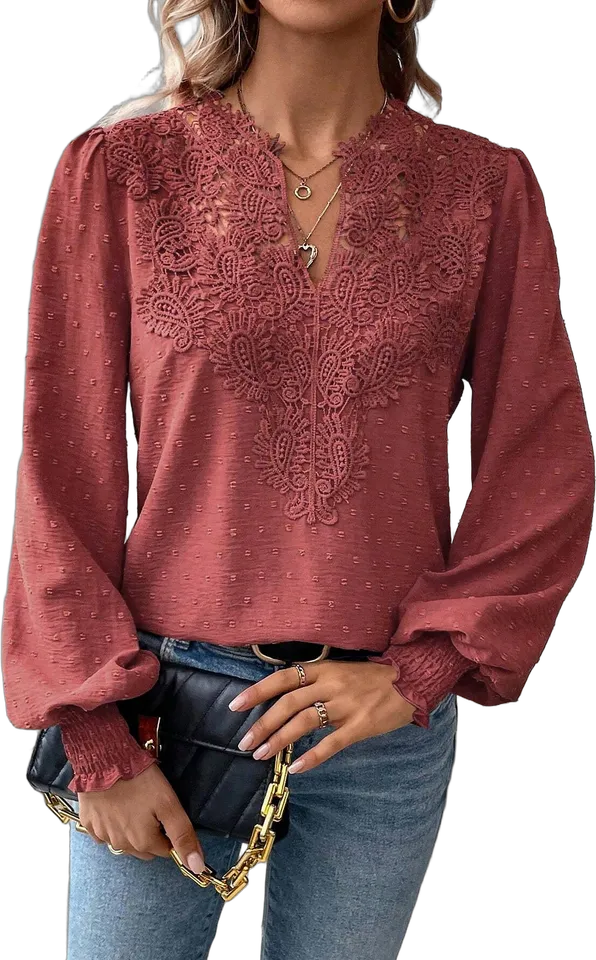 Lace V-neck smocked cuff blouse