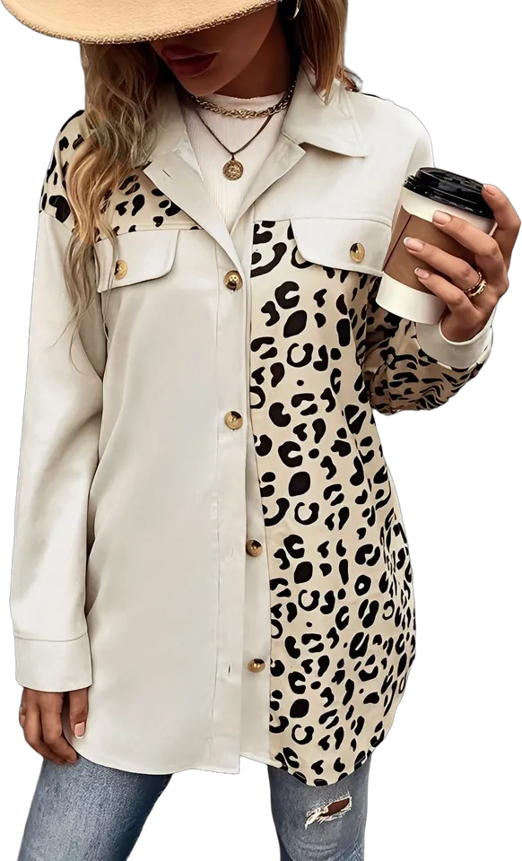 Leopard patchwork shirt jacket