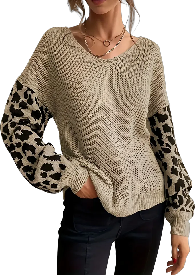 Leopard sleeve V-neck knit sweater