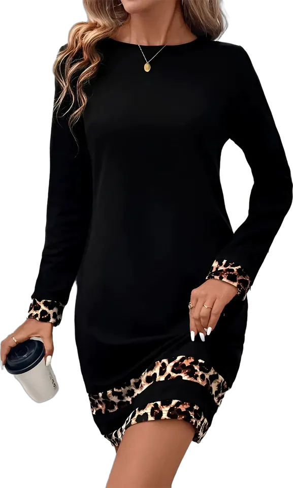 Leopard trim long sleeve dress