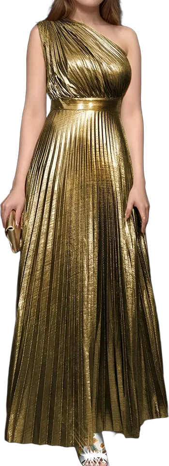 Metallic pleated one-shoulder maxi dress