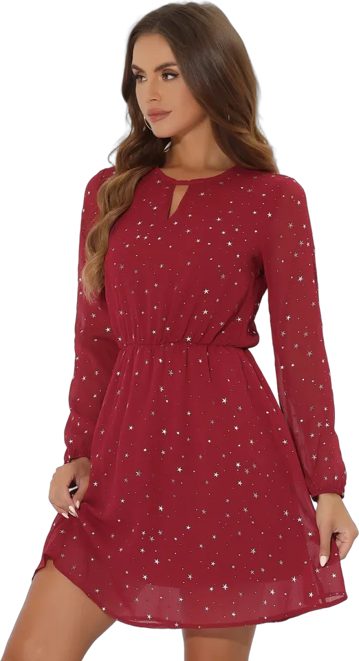 Metallic star chiffon keyhole dress