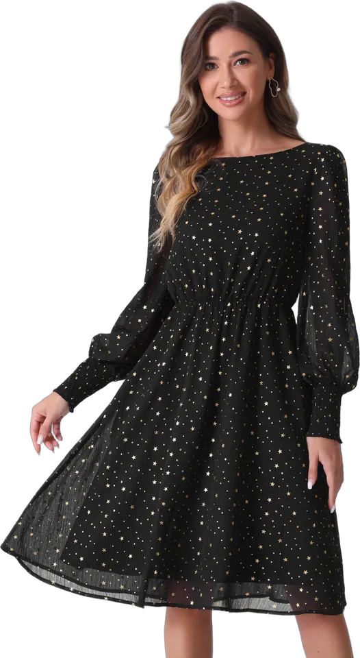 Metallic star mesh puff sleeve midi dress