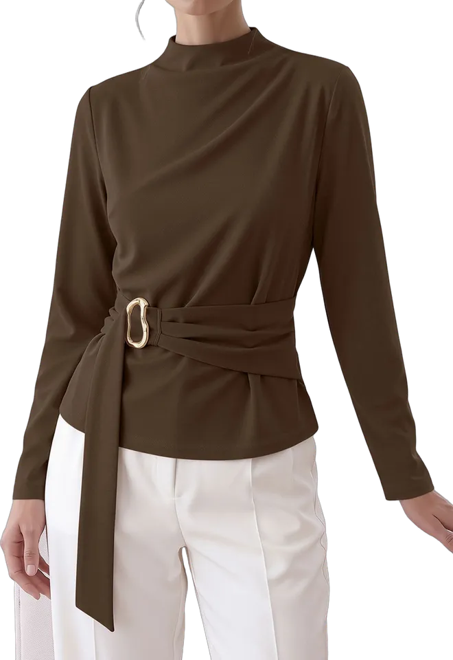 Mock neck cinched waist blouse