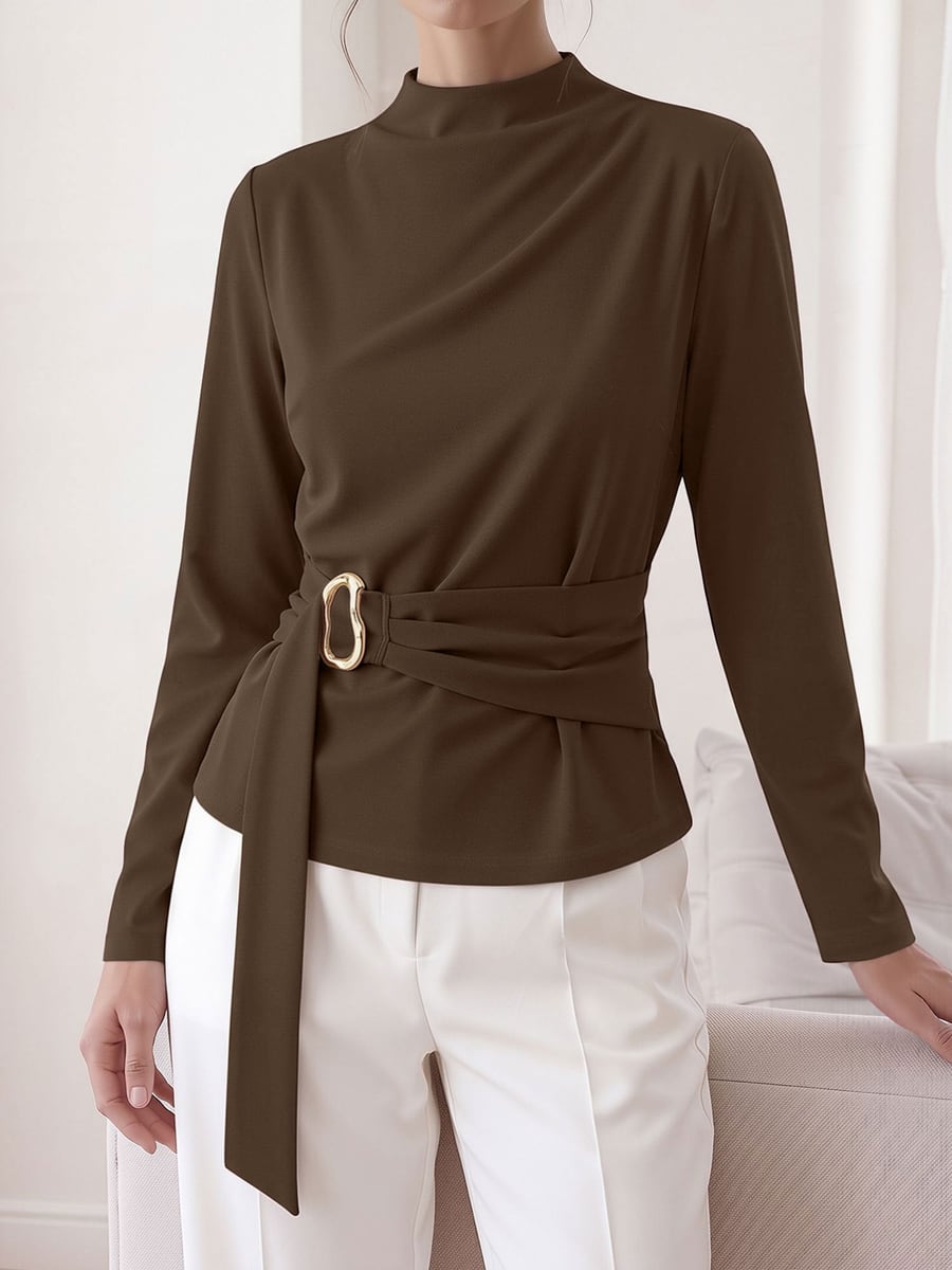 Front view, coffee blouse with white trousers