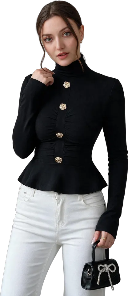 Mock neck gold button peplum top