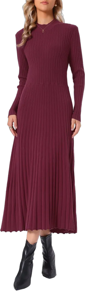 Mock neck pleated rib sweater dress