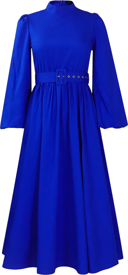 Mock neck puff sleeve belted A-line midi dress