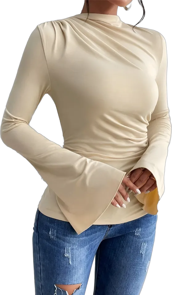 Mock neck ruched flared sleeve top