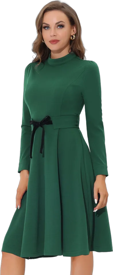 Mock-neck knit midi dress with velvet tie