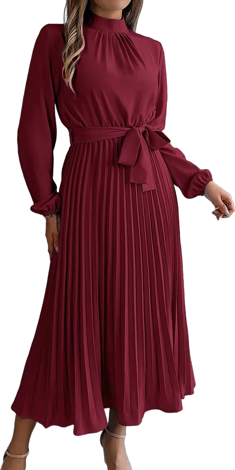 Mock neck tie waist pleated midi dress