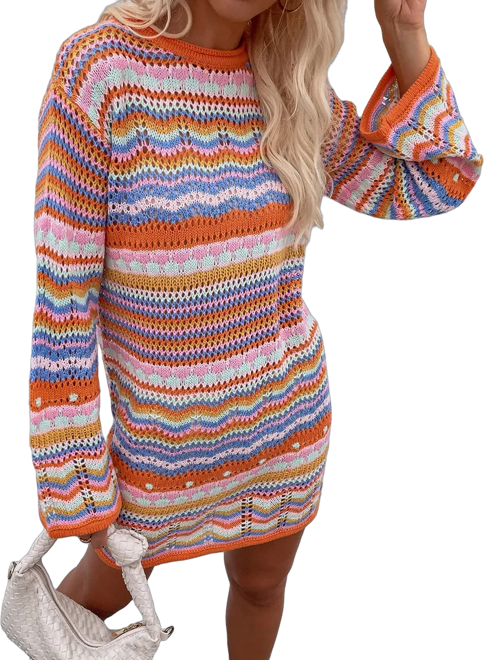 Multicolour stripe pullover mini sweater dress