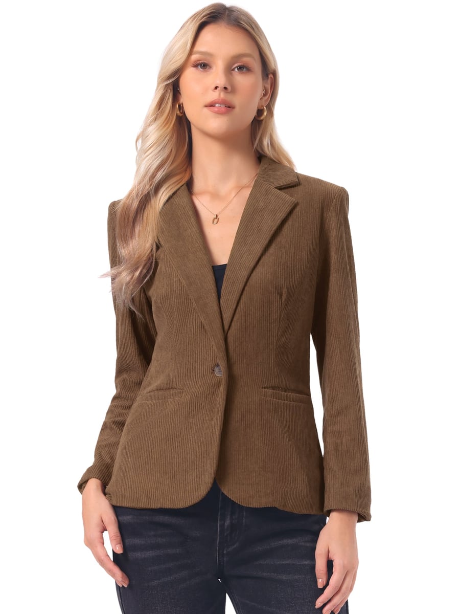 Front view, brown blazer buttoned