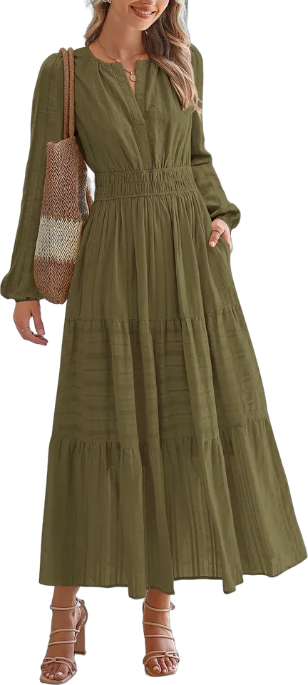 Notch neck tiered cotton midi dress