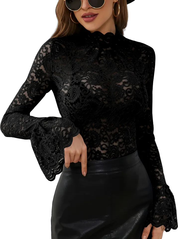 Paisley lace bell sleeve mock neck top