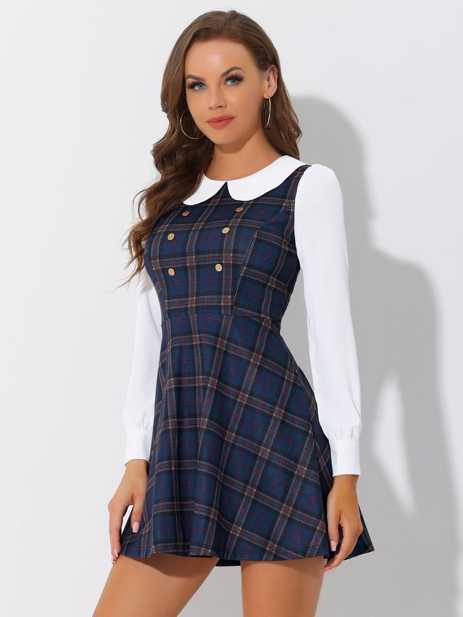 Front view in dark blue plaid