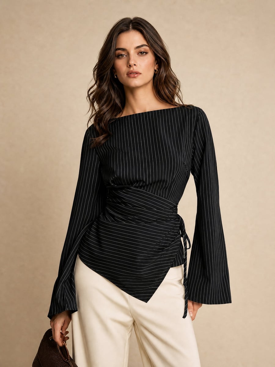 Front view in black with cream trousers