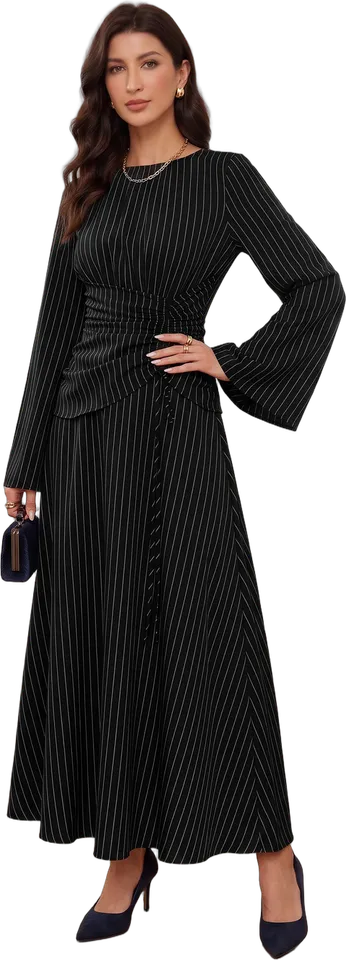 Pinstripe ruched waist bell sleeve maxi dress