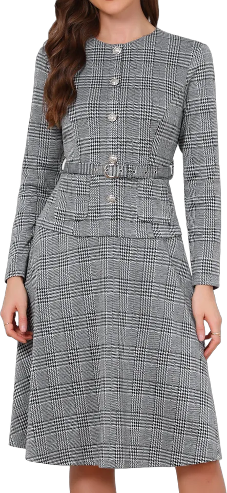 Plaid belted A-line dress
