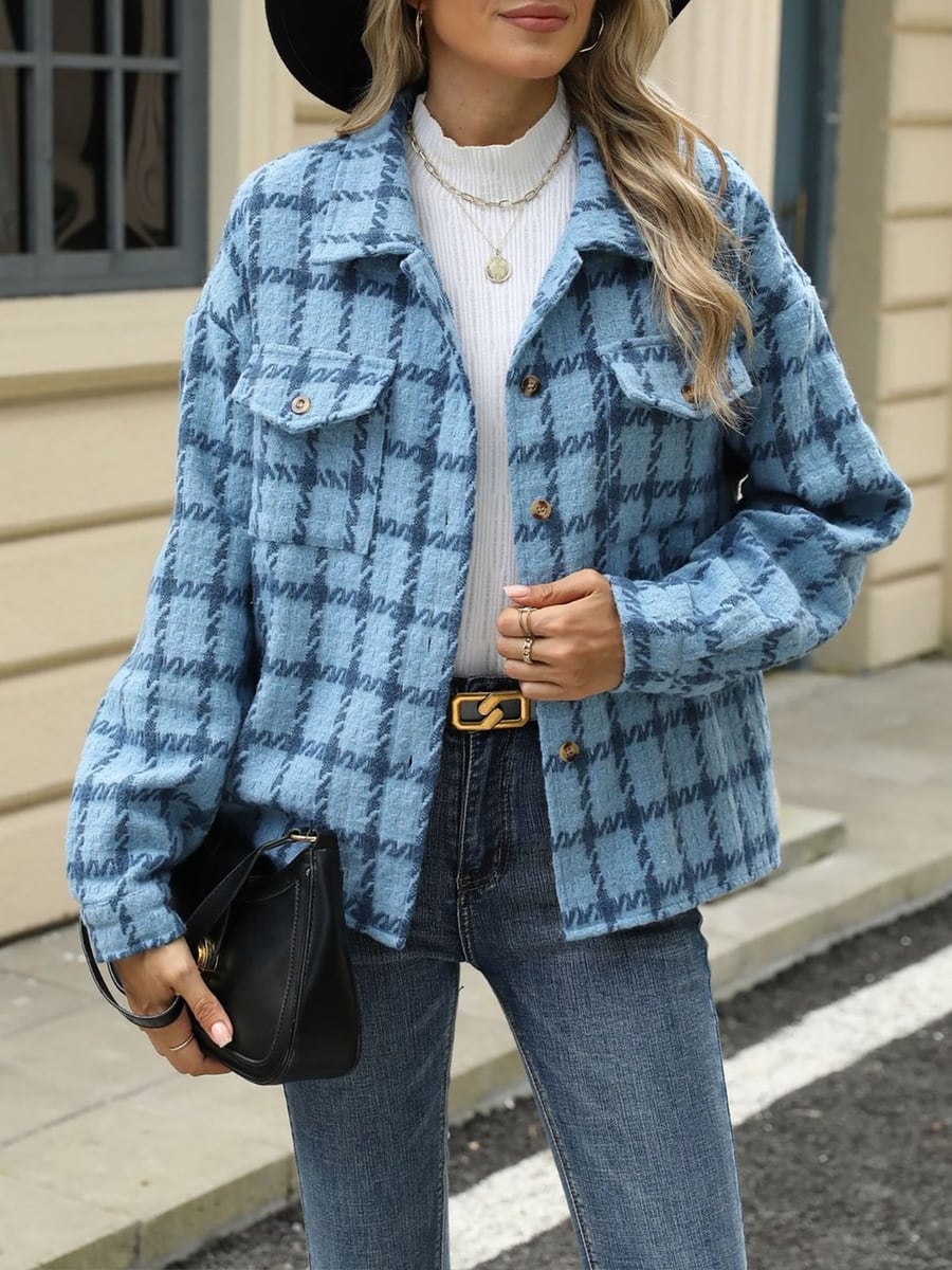 Front view in blue plaid worn open