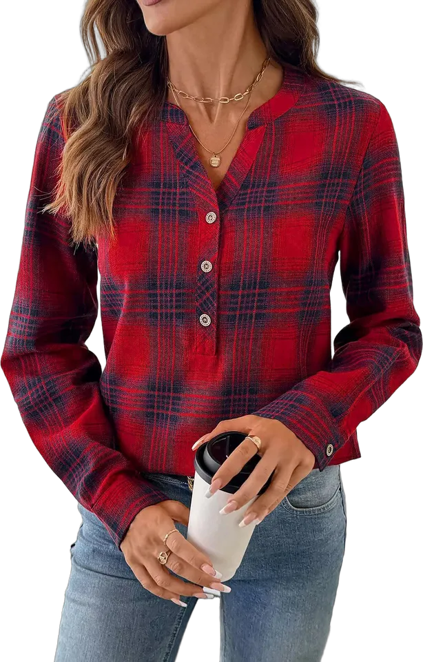 Plaid notch neck button blouse