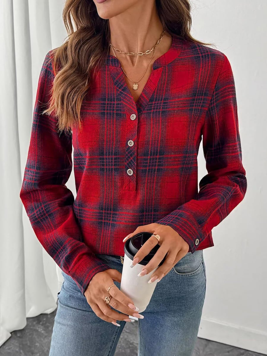 Front view in red plaid with jeans