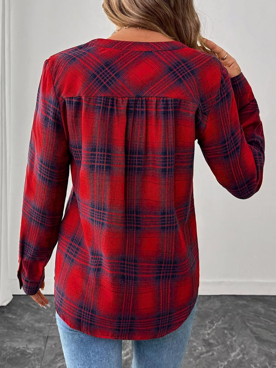 Back view with the gathered yoke and curved hem