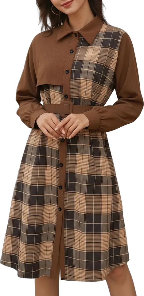 Plaid patchwork belted shirt dress