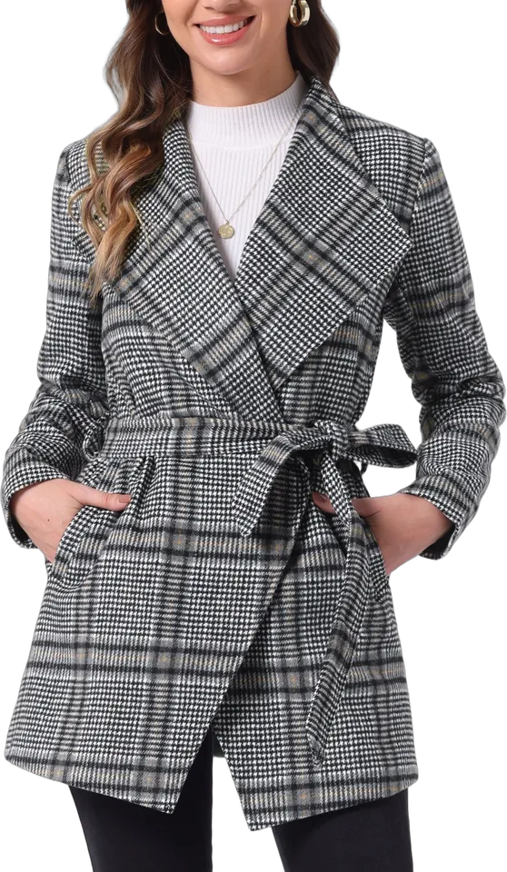 Plaid shawl collar belted wrap coat