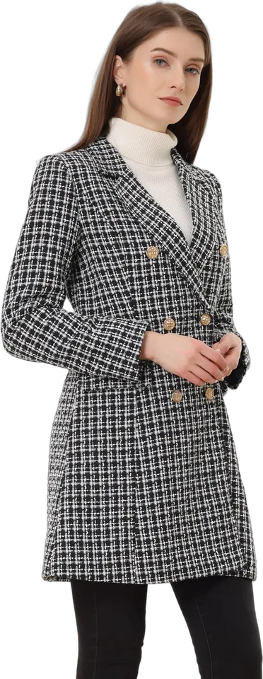 Plaid tweed double-breasted coat